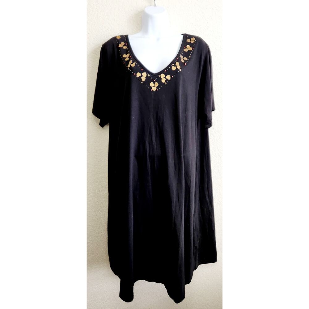 Kim Rogers Intimates Black Beaded Lounge Dress 2X Plus Lightweight Soft Stretch